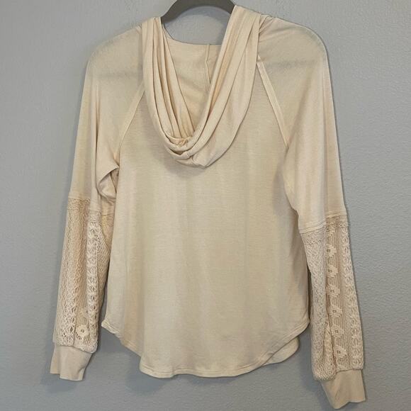 Rewind Lace Overlay Lightweight Pullover Hoodie Cream - Picture 5 of 5